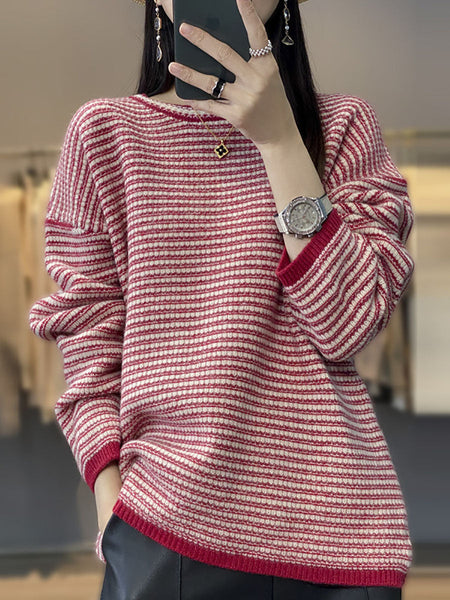 Women Autumn Casual Stripe O-Neck Wool Knit Sweater AT1012 BUYKUD