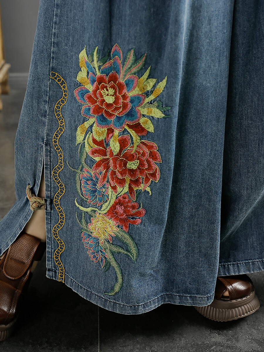 Women Summer Artsy Flower Embroidery Wide-leg Denim Pants CO1043 Ada Fashion