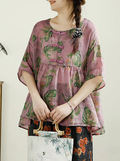 Women Summer Ethnic Flower Buckle O-Neck Ramie Shirt CX055 QQFY