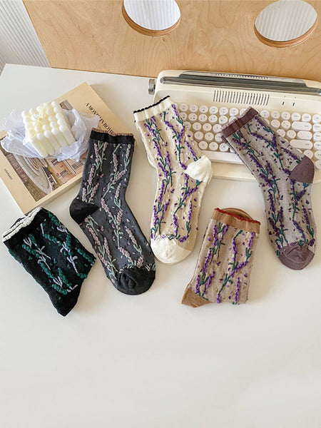 5 Pairs Women Flower Jacquard Colorblock Cotton Socks AH1024 ZJHK
