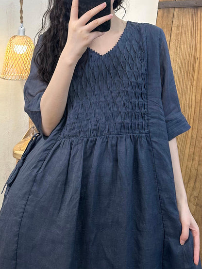 Women Summer Artsy Rhomboids Solid Ramie Dress CV1019 Ada Fashion