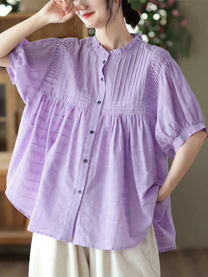 Women Artsy Shirred Stripe Cotton Agaric-Lace Shirt OP1006 BUYKUD