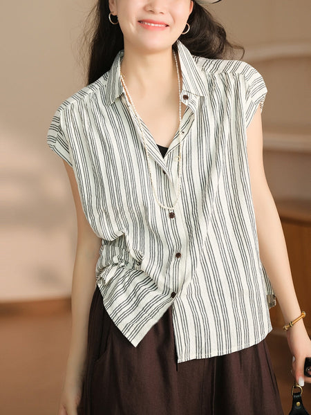 Women Summer Casual Stripe Button-up Cotton Shirt LL043 BUYKUD