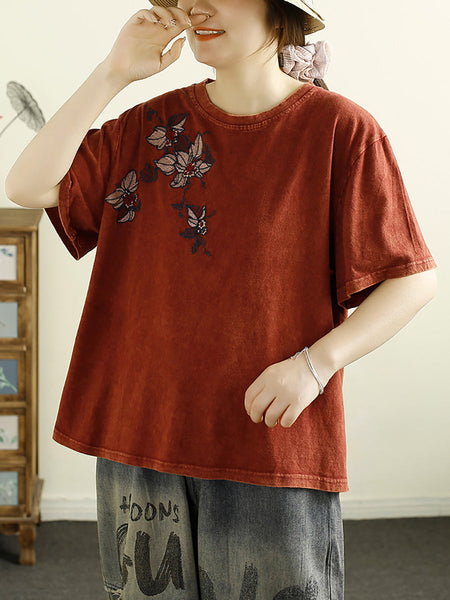 Women Summer Artsy Flower Embridery Cotton Shirt RR1012 BUYKUD