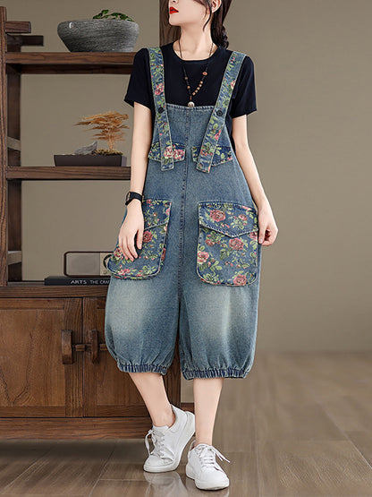 Women Summer Retro Flower Spliced Denim Jumpsuits BN1030 Ada Fashion