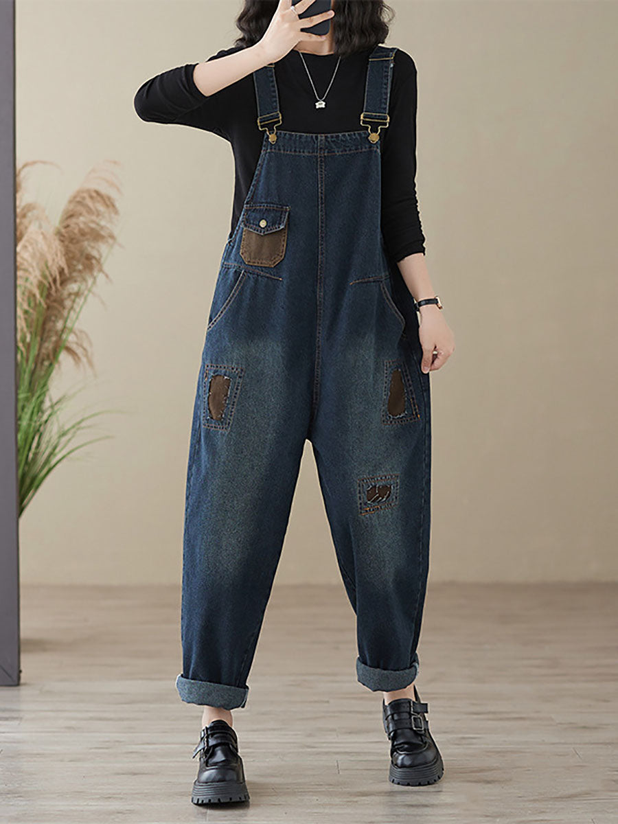 Women Autumn Retro Patchwork Denim Pocket Jumpsuits AI1048 BUYKUD