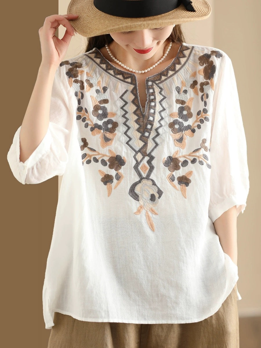 Women Summer Ethnic Flower Embroidery Ramie Shirt BN1009 Ada Fashion