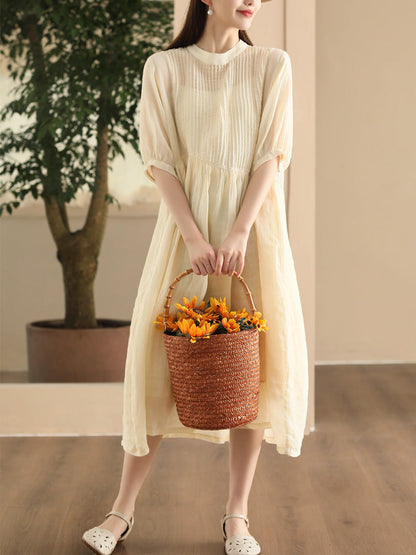 Women Summer Artsy Shirred Solid Ramie Dress CX003 BUYKUD