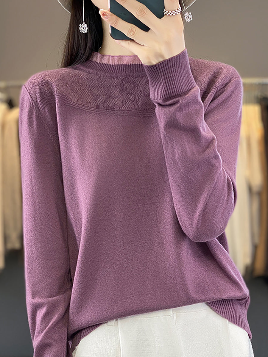 Women Autumn Lacework Neck 100%Wool Loose Sweater QM020 BK