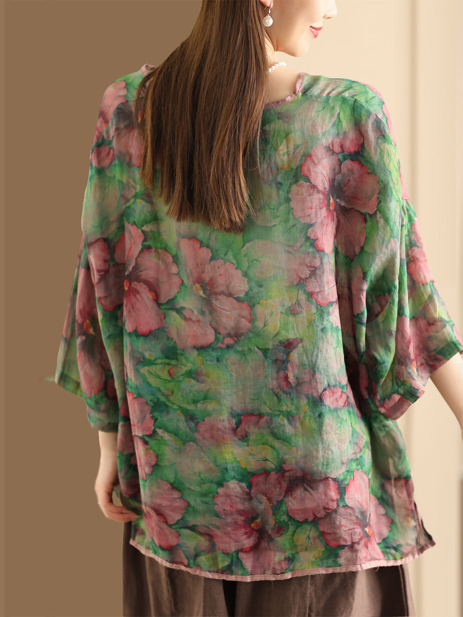 Women Vintage Floral V-Neck Linen Summer Shirt XX1014 Ada Fashion