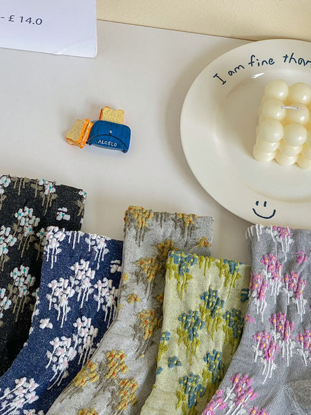 5 Pairs Women Autumn Floral Jacquard Colorblock Socks AV1025 Genistyle Shop