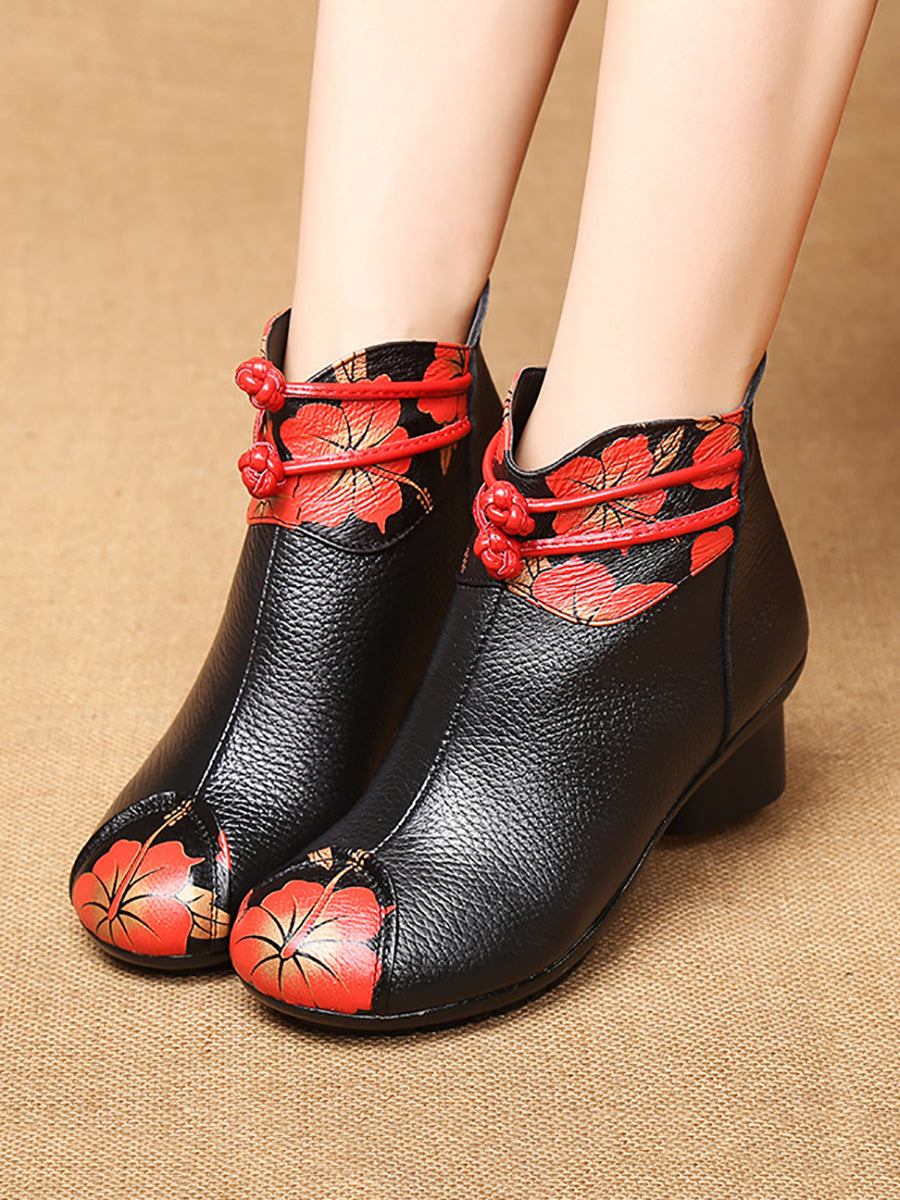 Women Retro Genuine Leather Flower Spliced Chunky Heel Boots AI1010 MXXZ