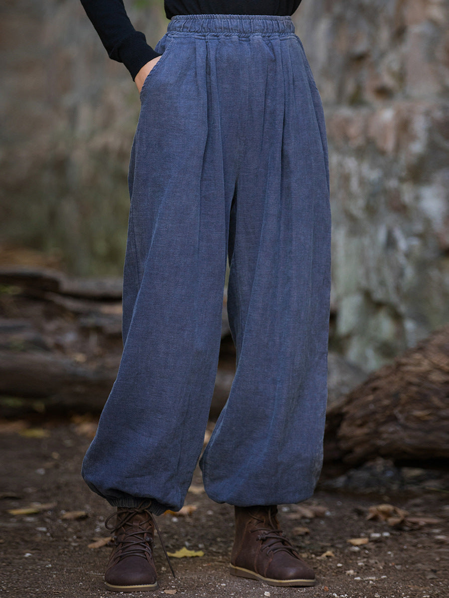 Women Vintage Autumn Solid Loose Ramie Cuffed Pants AT1013 BXF