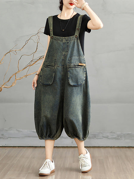 Jumpsuits Women Cropped Denim Pure Color Worn Summer FashionChic