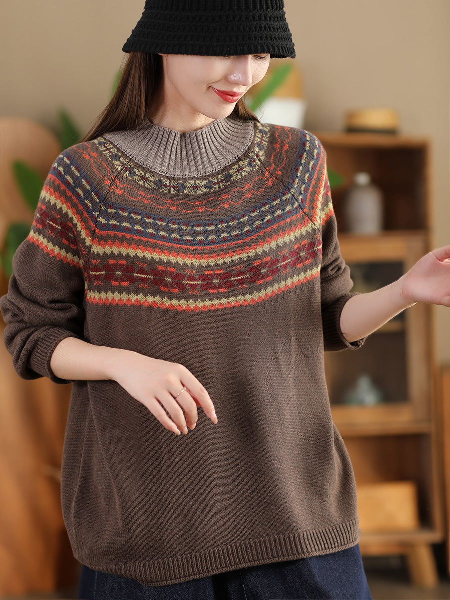 Women Vintage Autumn Jacquard Half Turtleneck Sweater AI1005 BUYKUD