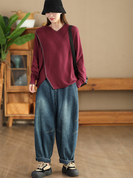 Women Autumn Casual Split Hem Knit Hooded Blouse AI1066 ZMMM