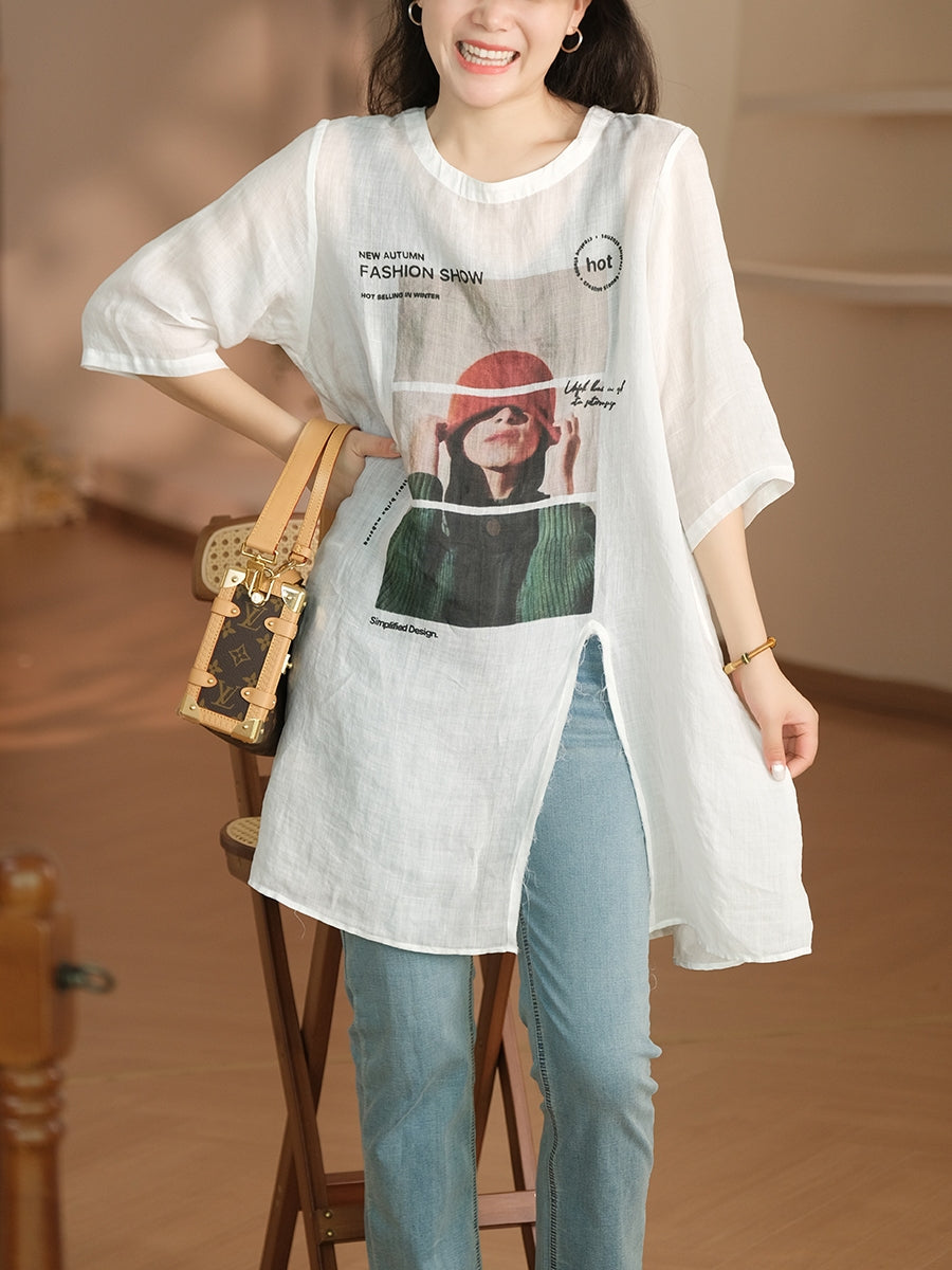 Women Summer Casual Split Hem Print O-Neck Ramie Shirt LL042 BUYKUD