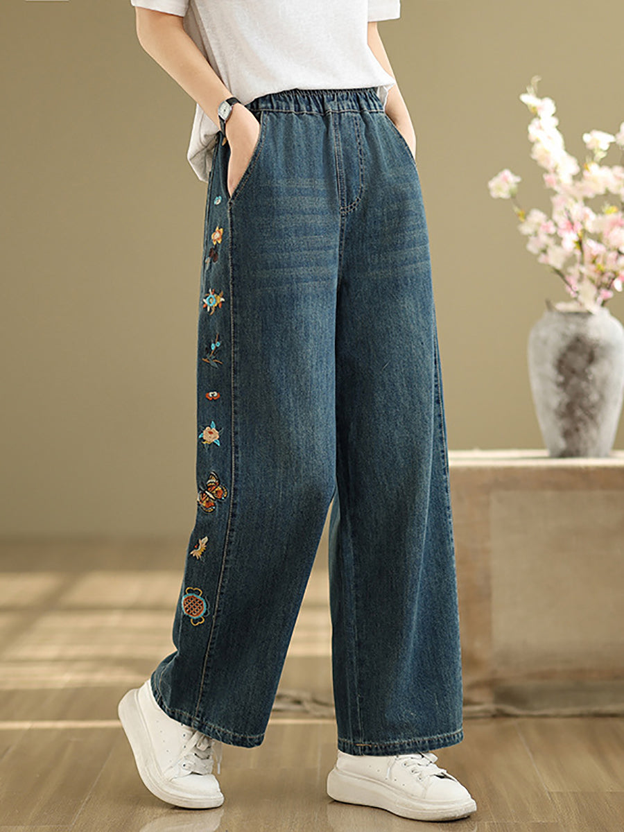 Pants Embroidery Women Wide-leg Retro Denim FashionChic