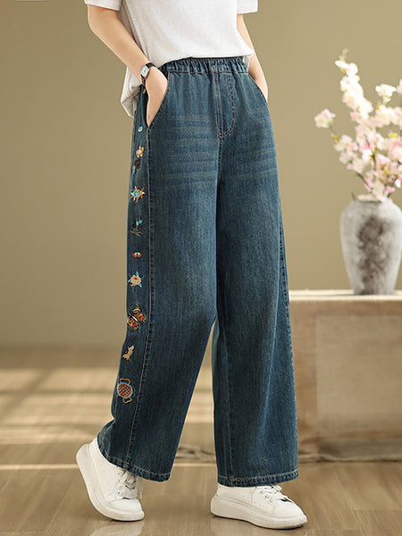Pants Embroidery Women Wide-leg Retro Denim FashionChic