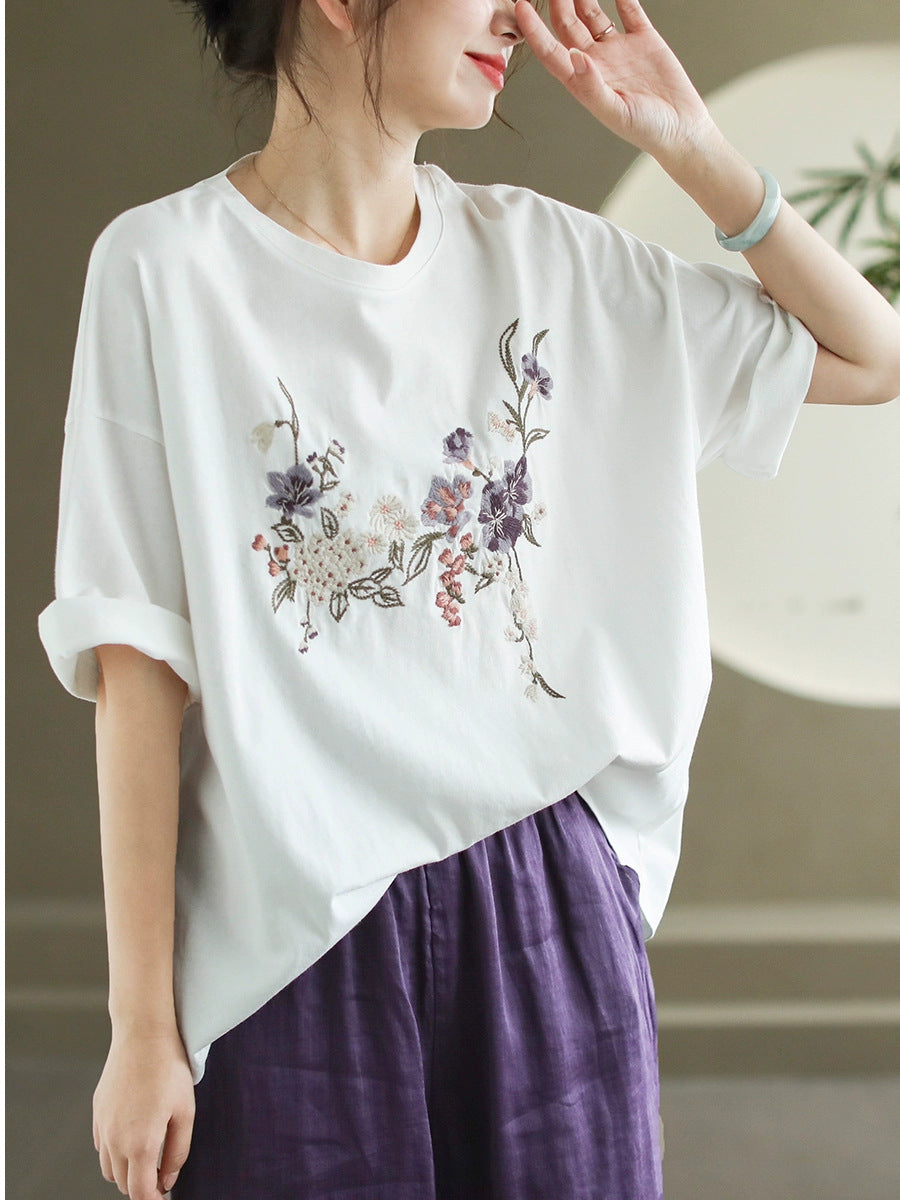 Women Summer Flower Embroidery Cotton O-Neck Shirt AS1007 Ada Fashion