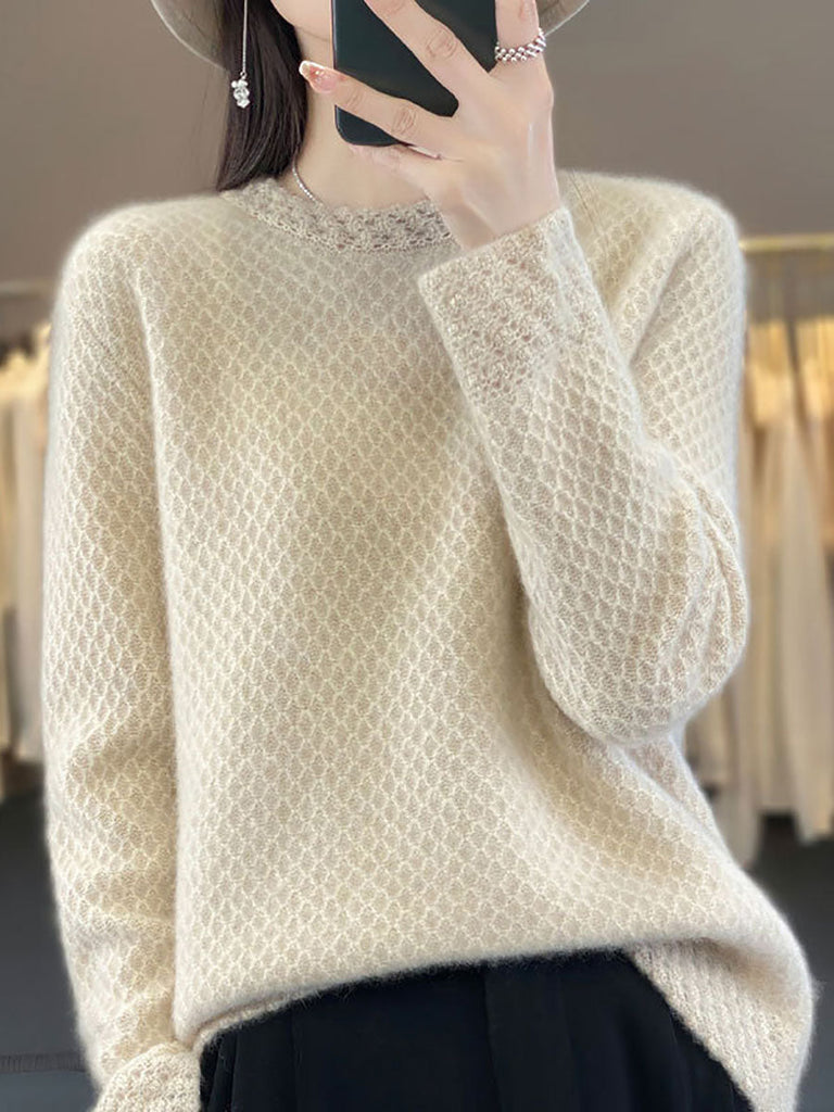 Women Autumn Solid Knit 100%Wool O-Neck Sweater QM005 BK