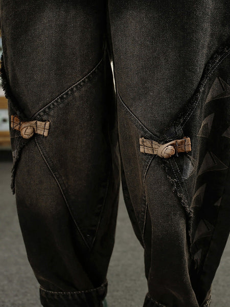 Women Autumn Patch Spliced Washed Denim Harem Pants AI1052 BUYKUD