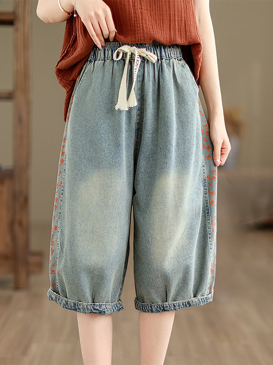 Women Summer Spliced Washed Denim Knee Length Pants OP1039 BUYKUD