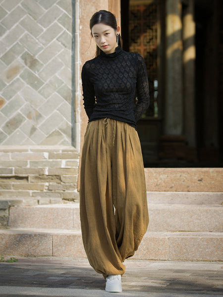 Women Autumn Vintage Solid Ramie Loose Bloomers AV1057 Genistyle Shop