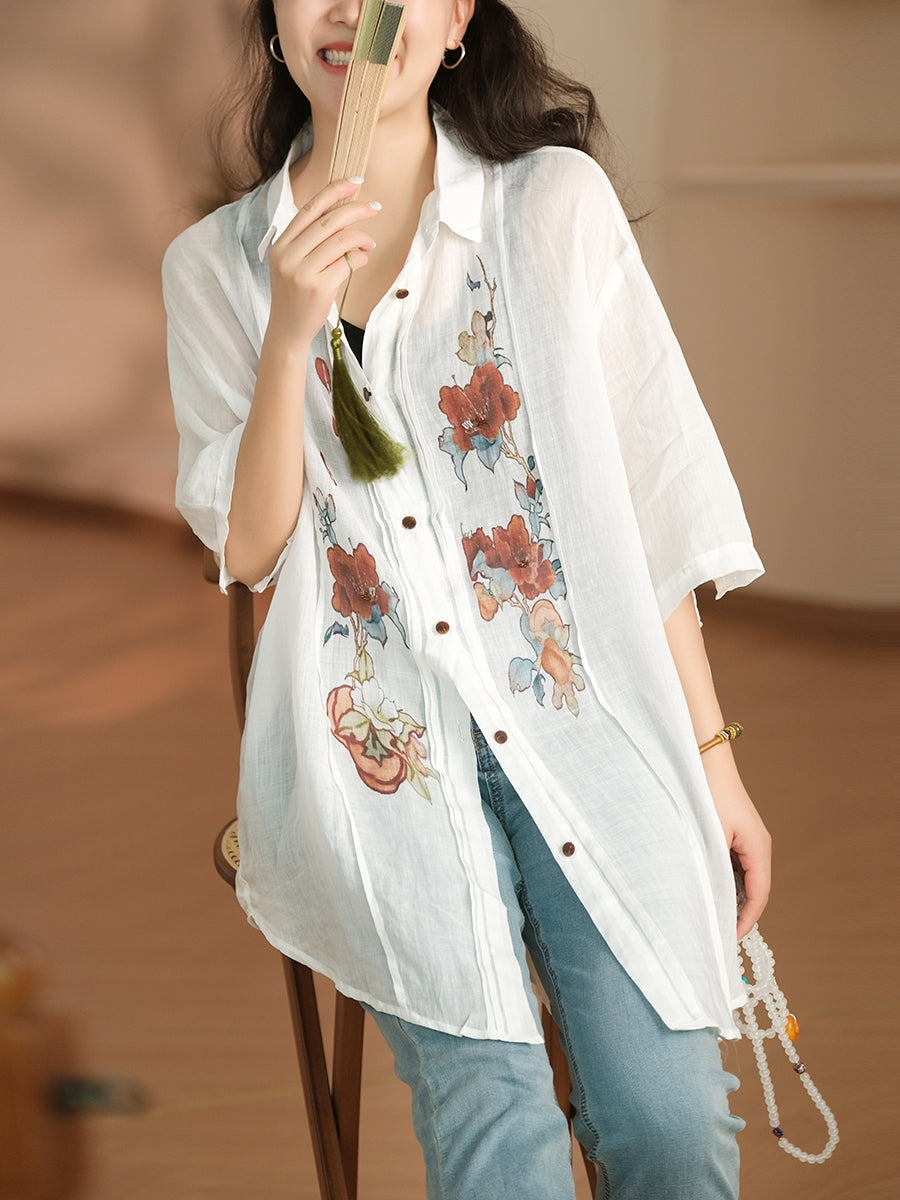 Women Summer Artsy Flower Shirred Button-up Ramie Shirt LL041 BUYKUD