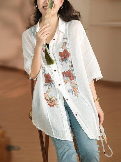 Women Summer Artsy Flower Shirred Button-up Ramie Shirt LL041 BUYKUD