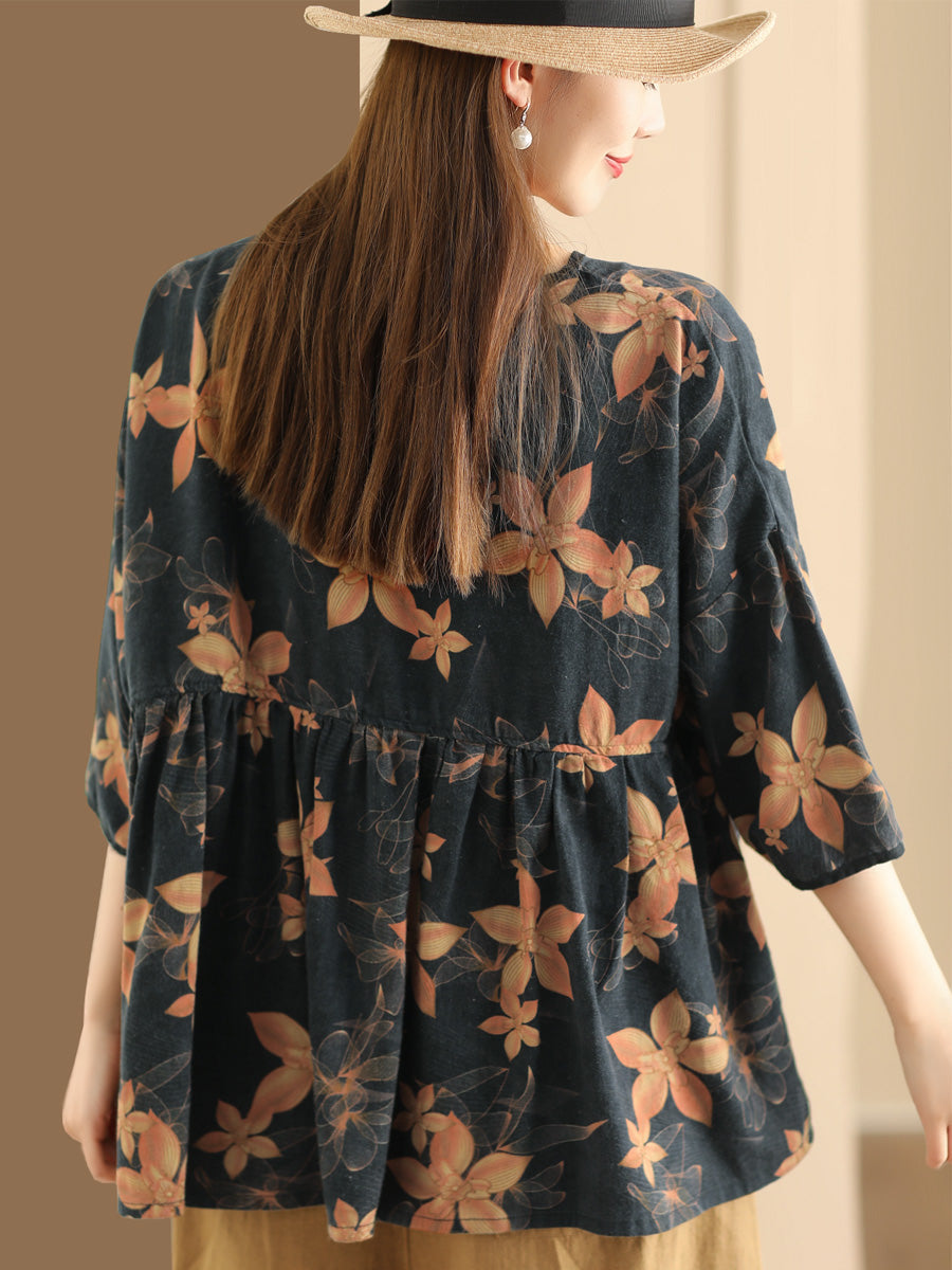 Women Summer Vintage Flower Spliced Loose Shirt XX1047 Ada Fashion