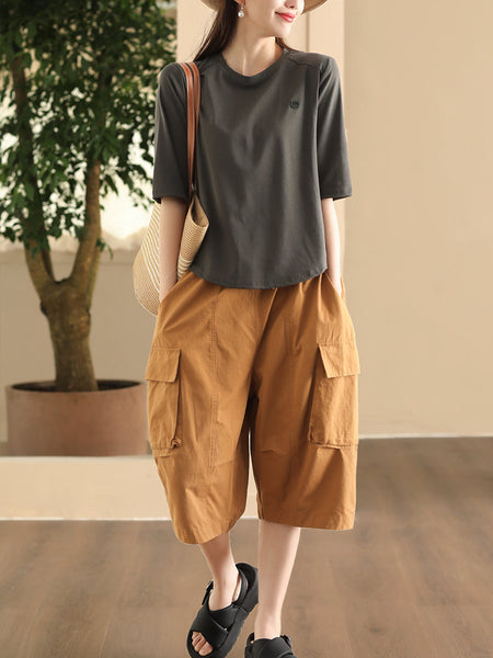 Women Summer Casual Solid Pocket Loose Cotton Fifth Pants FD022 ZMMM