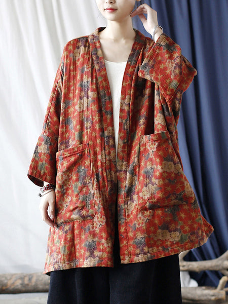 Women Ethnic Floral V-neck Pocket Cardigan Coat RR019 XIM