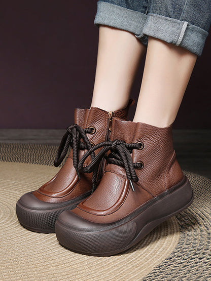 Women Casual Winter Solid Leather Strap Platform Boots WG009 BUYKUD