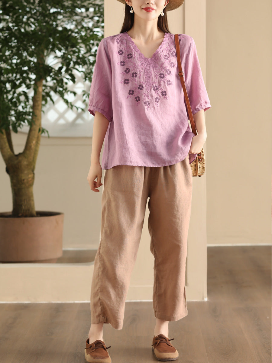 Women Summer Artsy Flower Embroidery Ramie V-Neck Shirt CC030 LPP