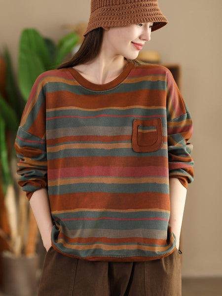 Women Casual Autumn Colorblock Stripe O-Neck Cotton Sweatshirt AI1027 YYMY