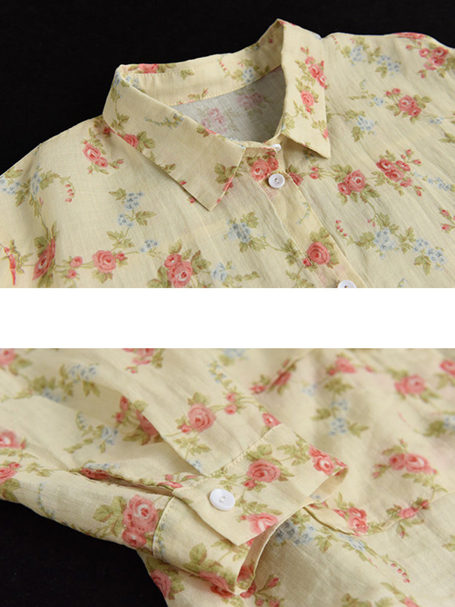 Women Vintage Floral Spring Button Up Ramie Blouse AT1089 BUYKUD