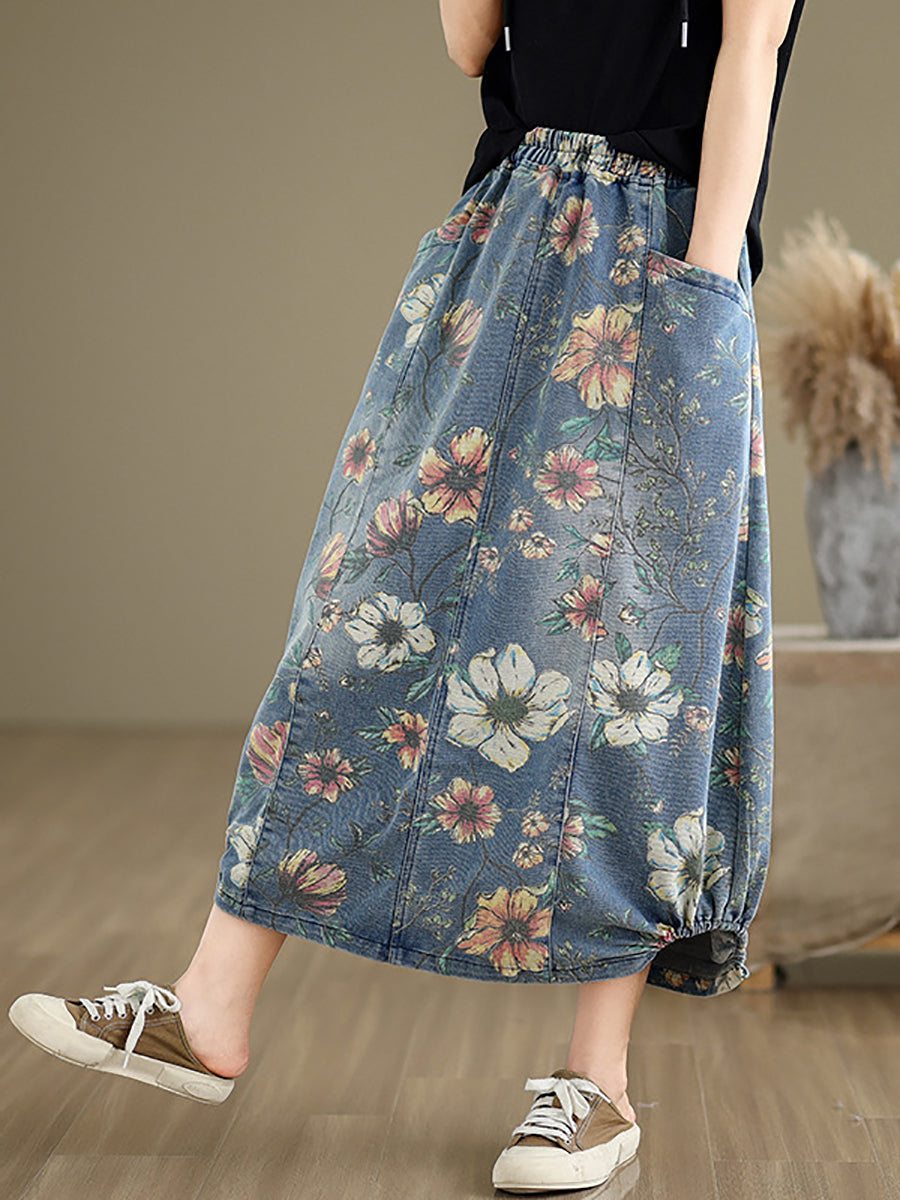 Women Summer Casual Flower Spliced Denim Skirt XX1027 Ada Fashion