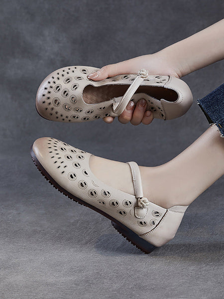 Genuine Shoes Women Summer Hollow Out Heel Low Leather FashionChic