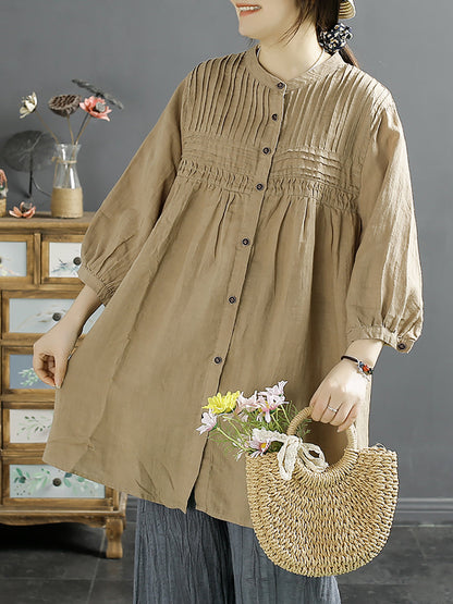 Women Artsy Summer Shirred Solid Linen Shirt SC1058 Ada Fashion