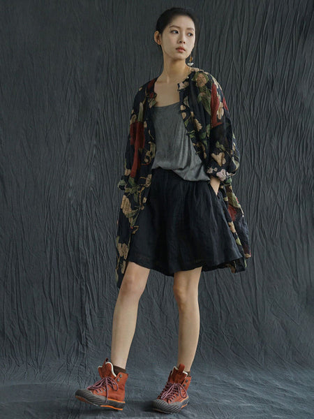 PLus Size Women Vintage Flower Print Ramie Spring Long Shirt AS1032 Ada Fashion