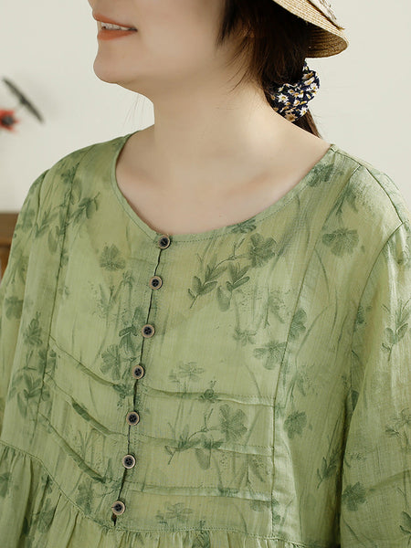 Women Summer Artsy Floral Button Spliced O-Neck Ramie Shirt HH003 BUYKUD