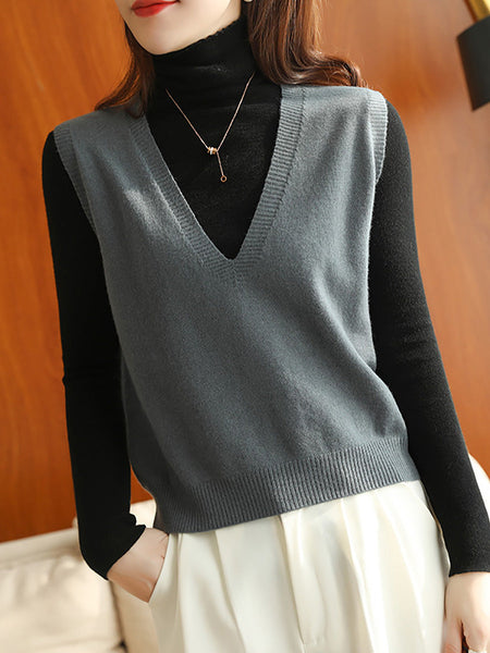 Women Casual Wool Solid V-Neck Knit Vest AK1045 Genistyle Shop