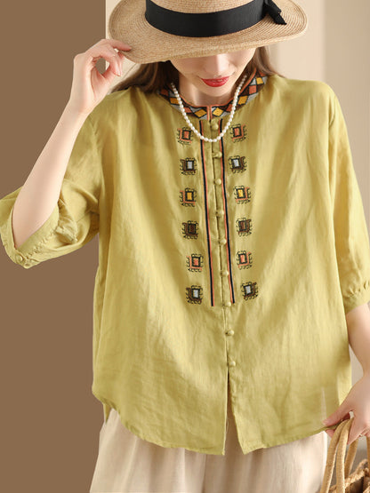 Women Summer Ethnic Embroidery Ramie Shirt ZZ1053 Ada Fashion