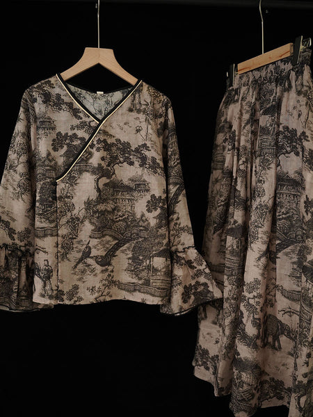 Women Ethnic Print V-Neck Ramie Loose Shirt+Skirt RR1032 BUYKUD