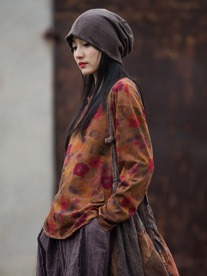 Women Vintage Autumn O-Neck Flower Cotton Blouse AT1008 BUYKUD