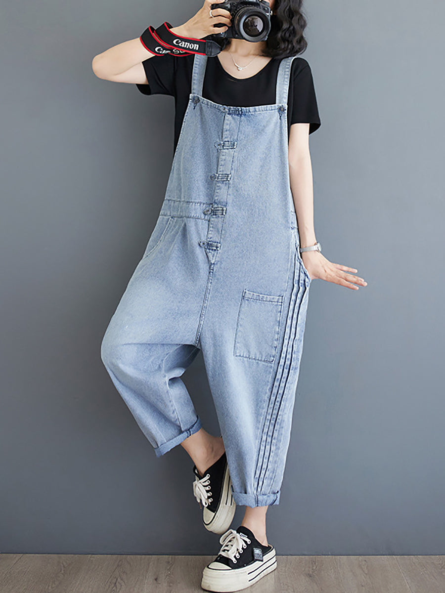 Women Summer Casual Solid Denim Shirred Jumpsuits AT1032 ZMFS