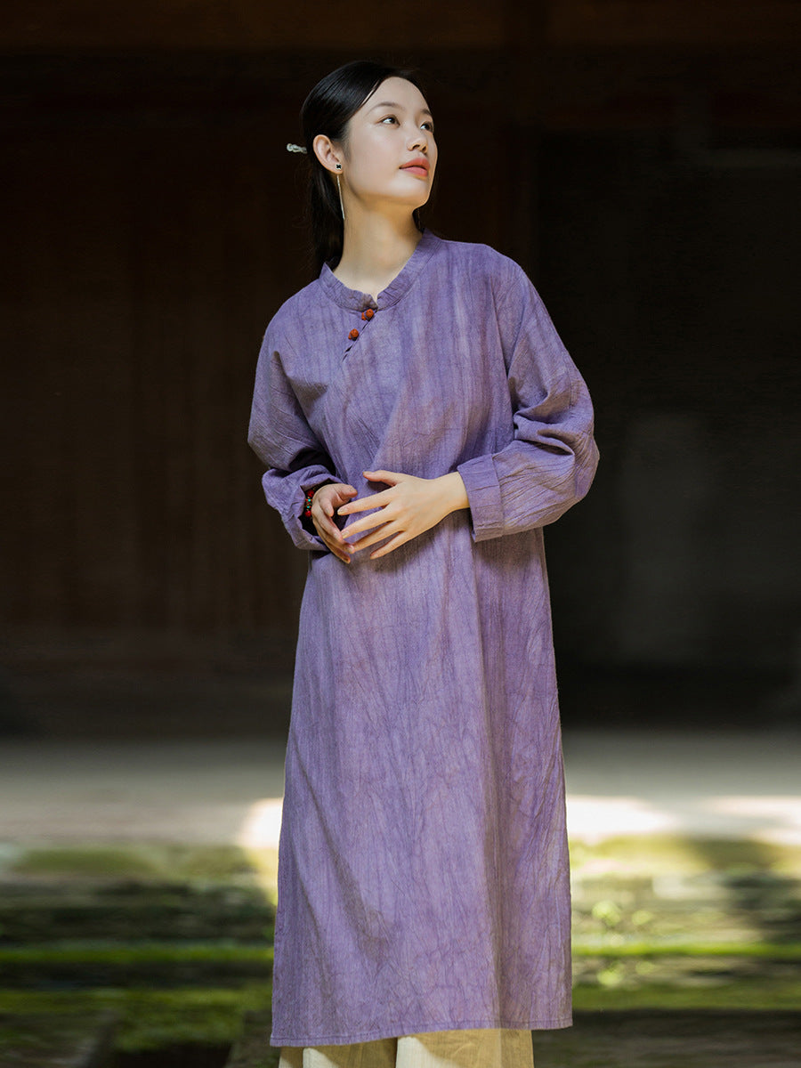 Women Autumn Vintage Tie-dye Ramie Robe Dress BA1042 Genistyle Shop