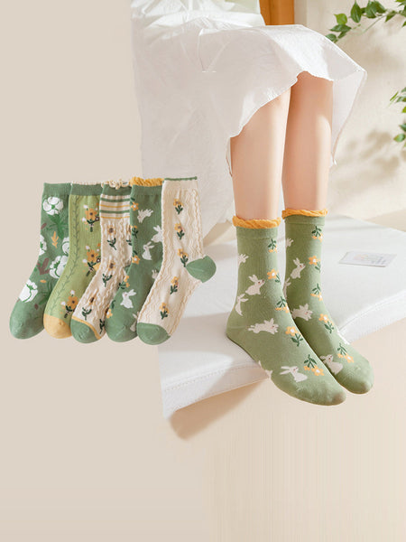 5 Pairs Women Artsy Flower Green Mid-Calf Socks IO1011 Ada Fashion