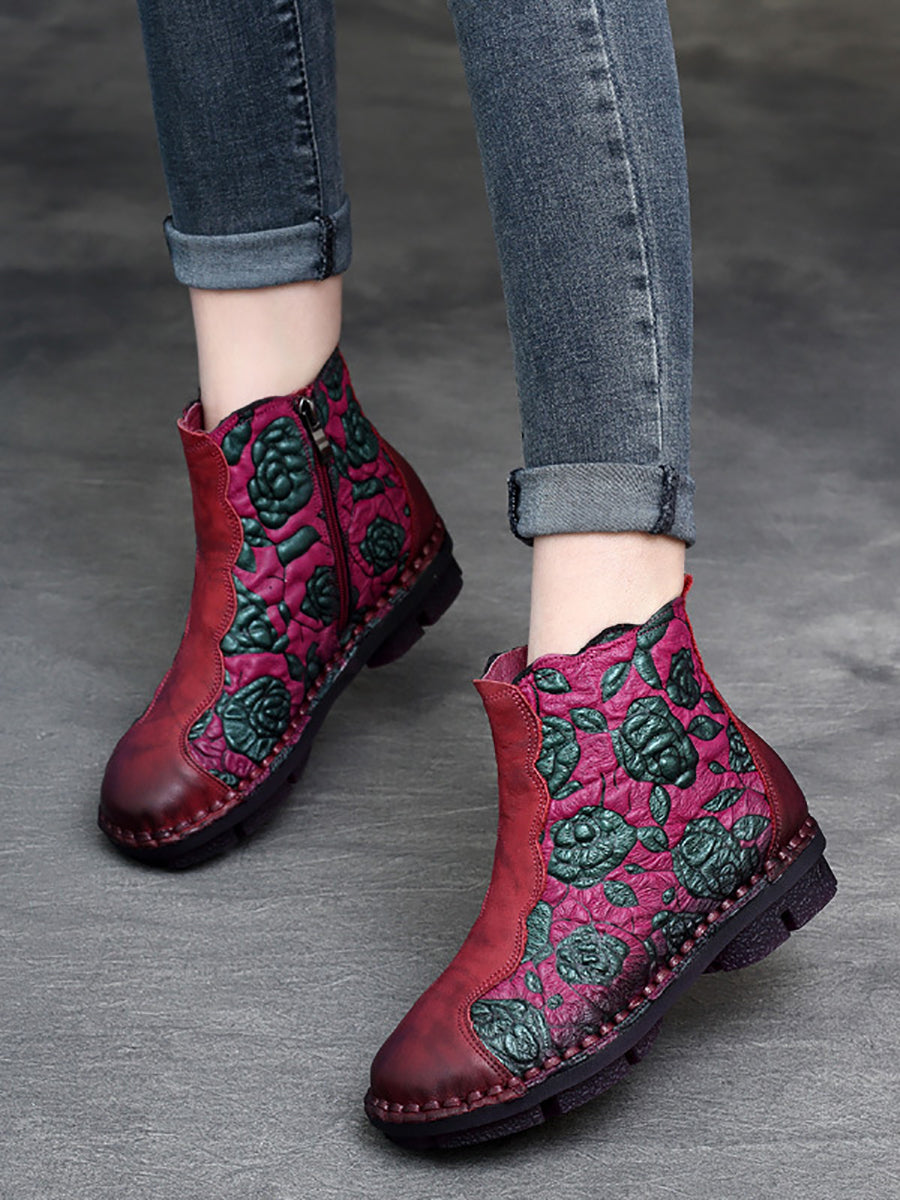 Women Retro Flower Leather Spliced Zipper Low Heel Boots AT1067 RXMY